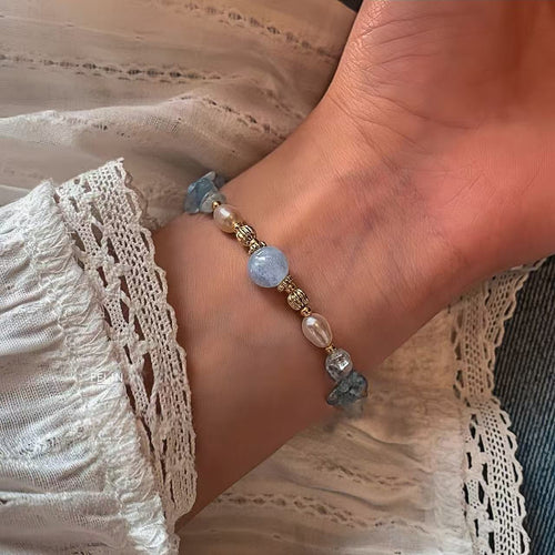 Aquamarin Süßwasserperlen Kristall Armband 22K Vergoldet