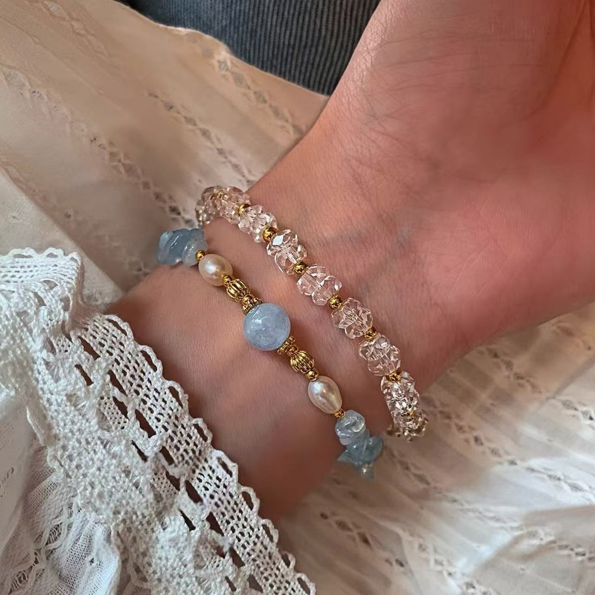 Aquamarin Süßwasserperlen Kristall Armband 22K Vergoldet