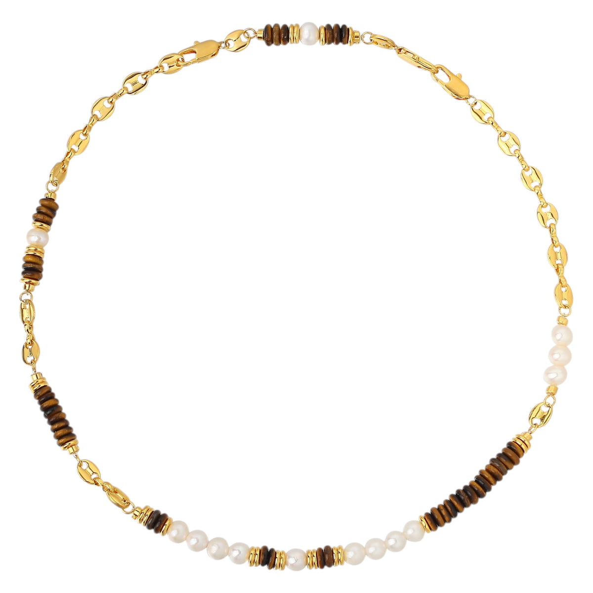 Tigerauge & Süßwasserperlen Gliederkette (Echtvergoldet)