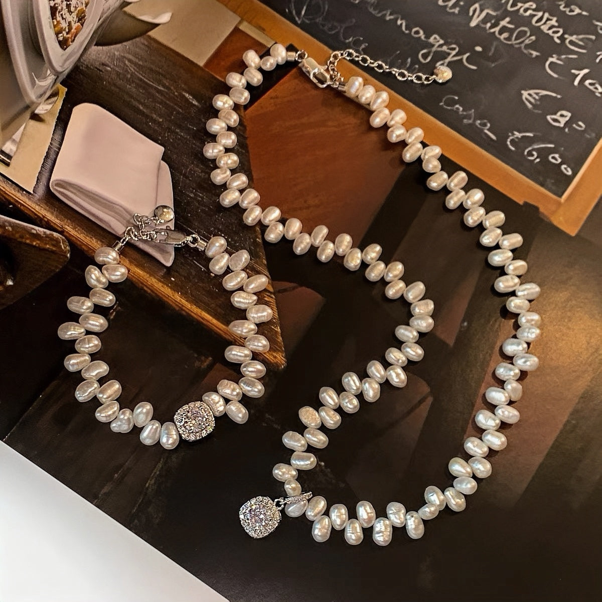 Barock Süßwasserperlen & Zirkonia Schmuck-Set (Halskette + Armband)