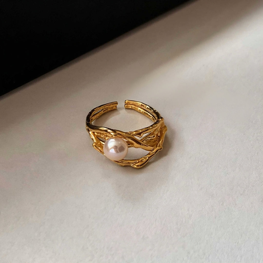 Organischer Zweig-Ring mit Echter Süßwasserperle (Verstellbar)