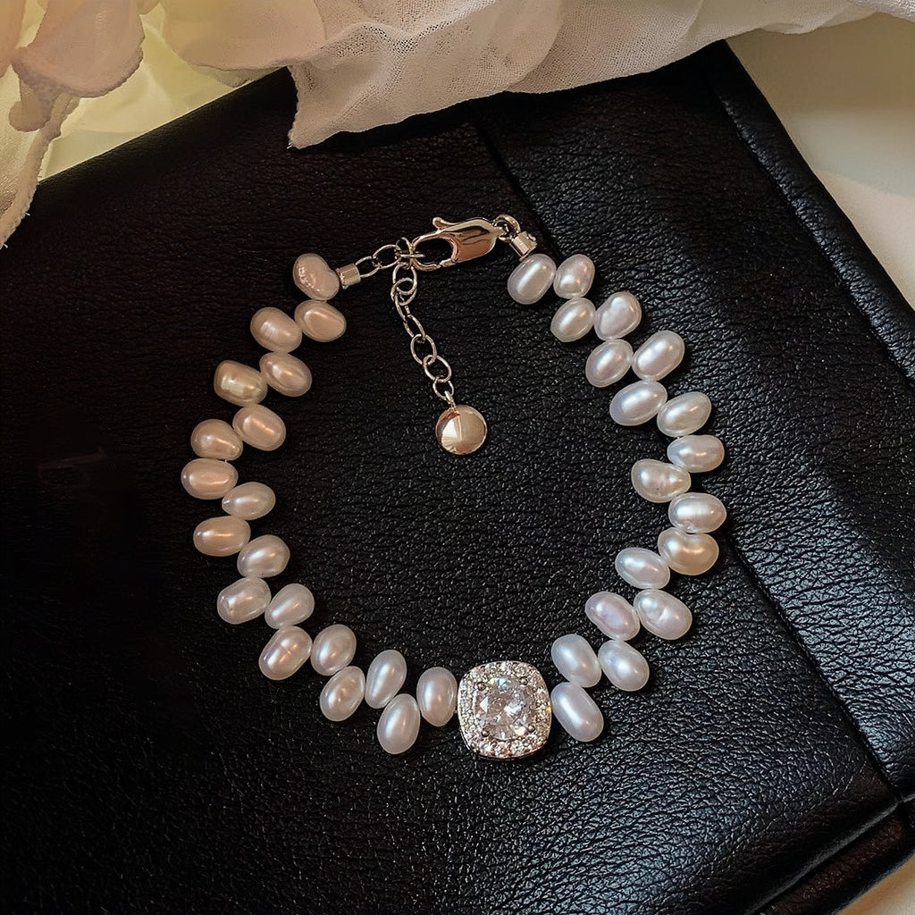 Echte Süßwasserperlen & Zirkonia-Würfel Armband