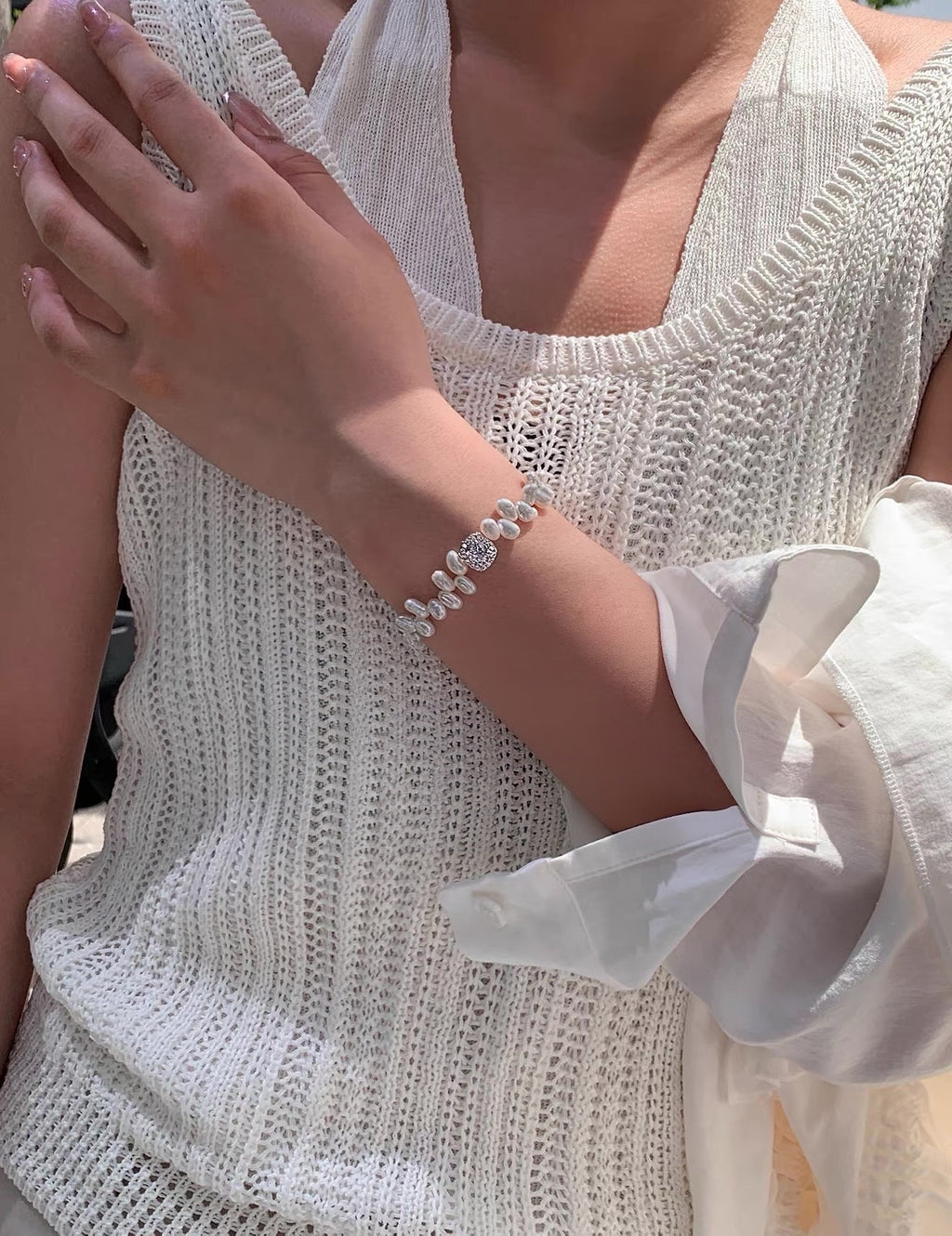 Echte Süßwasserperlen & Zirkonia-Würfel Armband