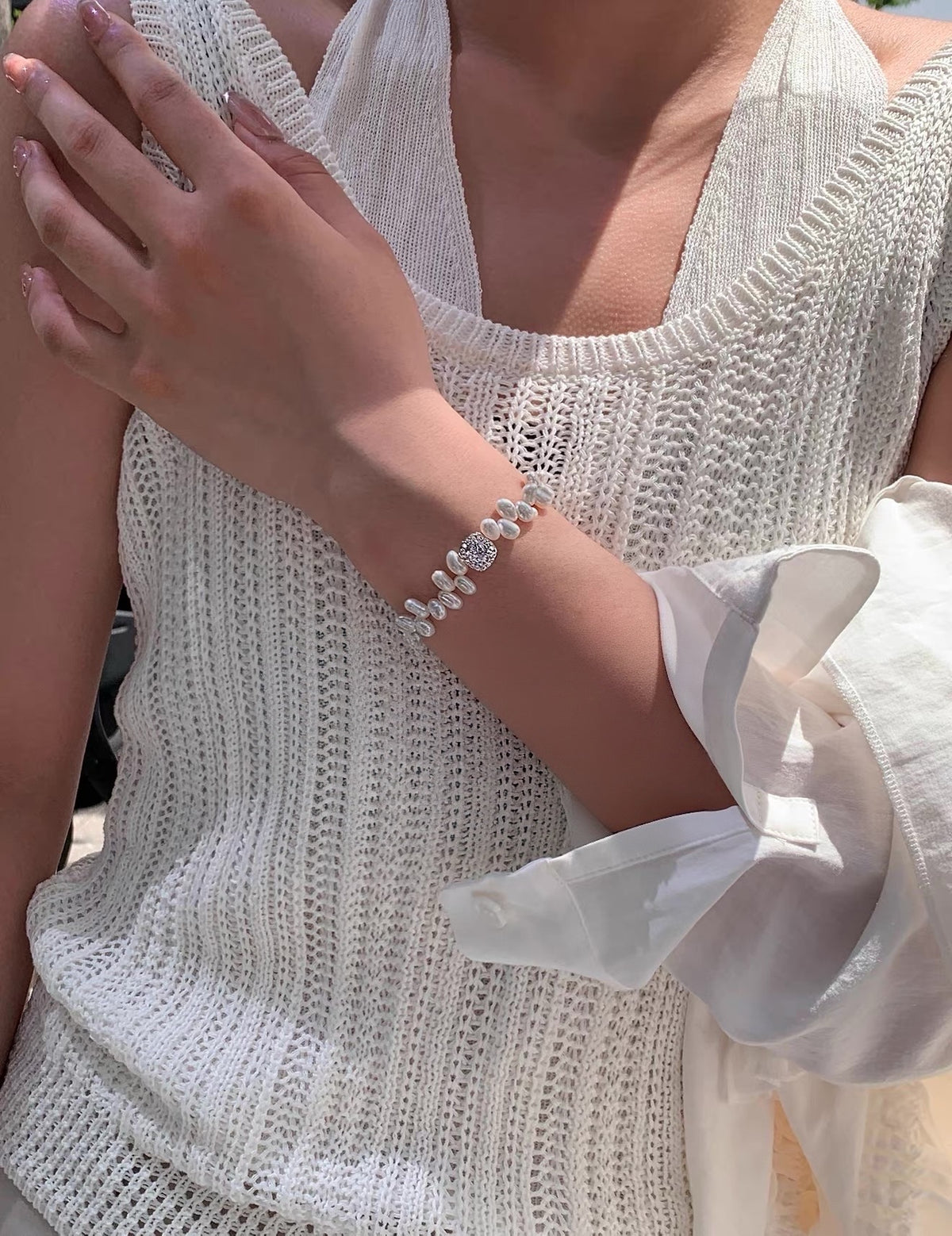 Echte Süßwasserperlen & Zirkonia-Würfel Armband