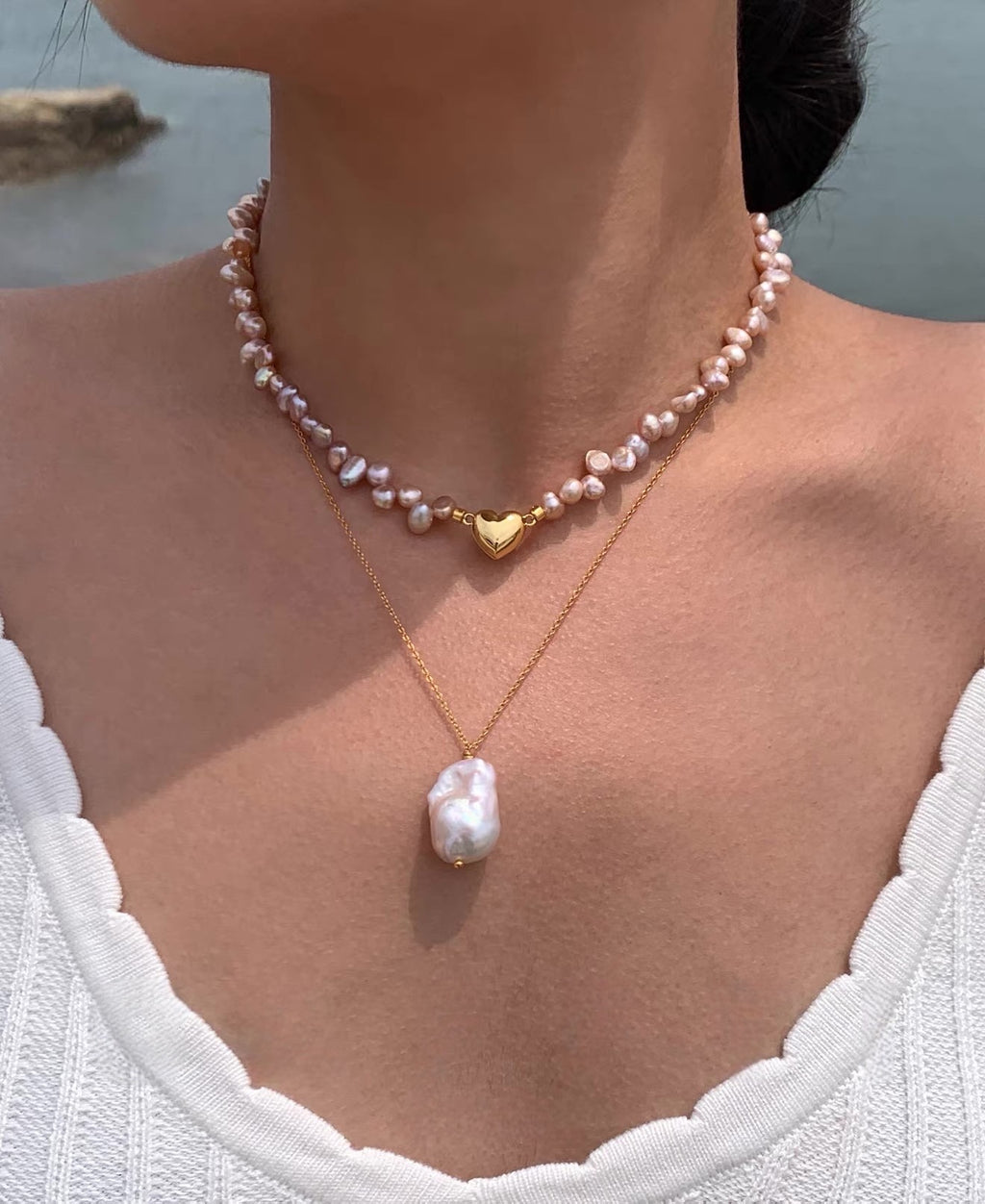 Barock Süßwasserperlen-Kette in Rosa-Lila mit Herz-Magnetverschluss (22K Vergoldet)
