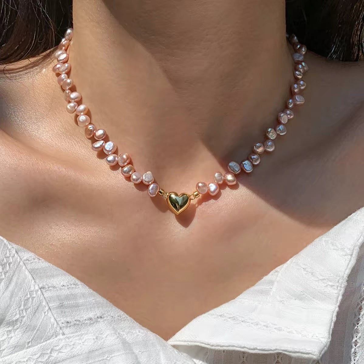 Barock Süßwasserperlen-Kette in Rosa-Lila mit Herz-Magnetverschluss (22K Vergoldet)