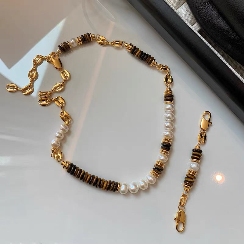 Tigerauge & Süßwasserperlen Gliederkette (Echtvergoldet)