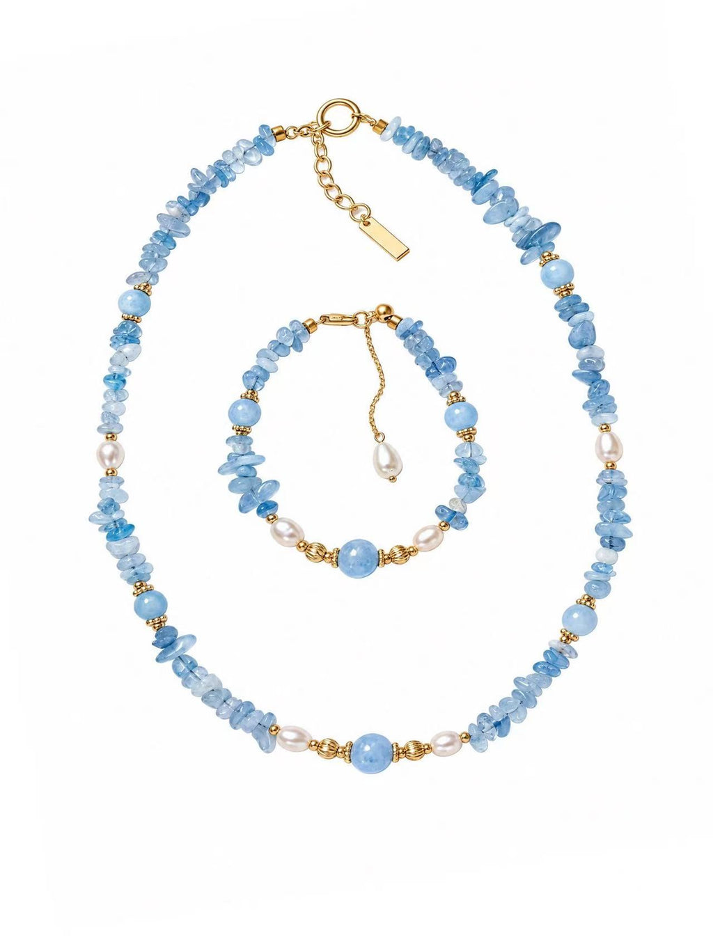 Aquamarin Süßwasserperlen Kristall Schmuck-Set 22K Vergoldet