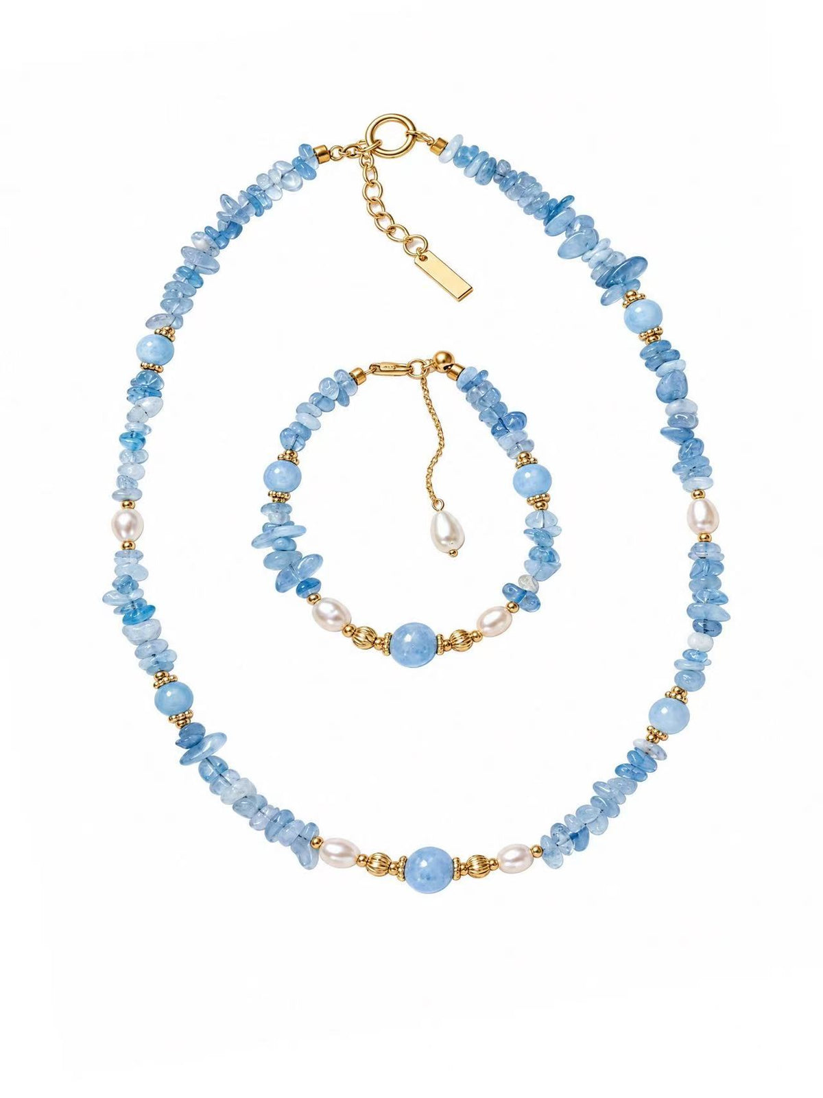 Aquamarin Süßwasserperlen Kristall Schmuck-Set 22K Vergoldet