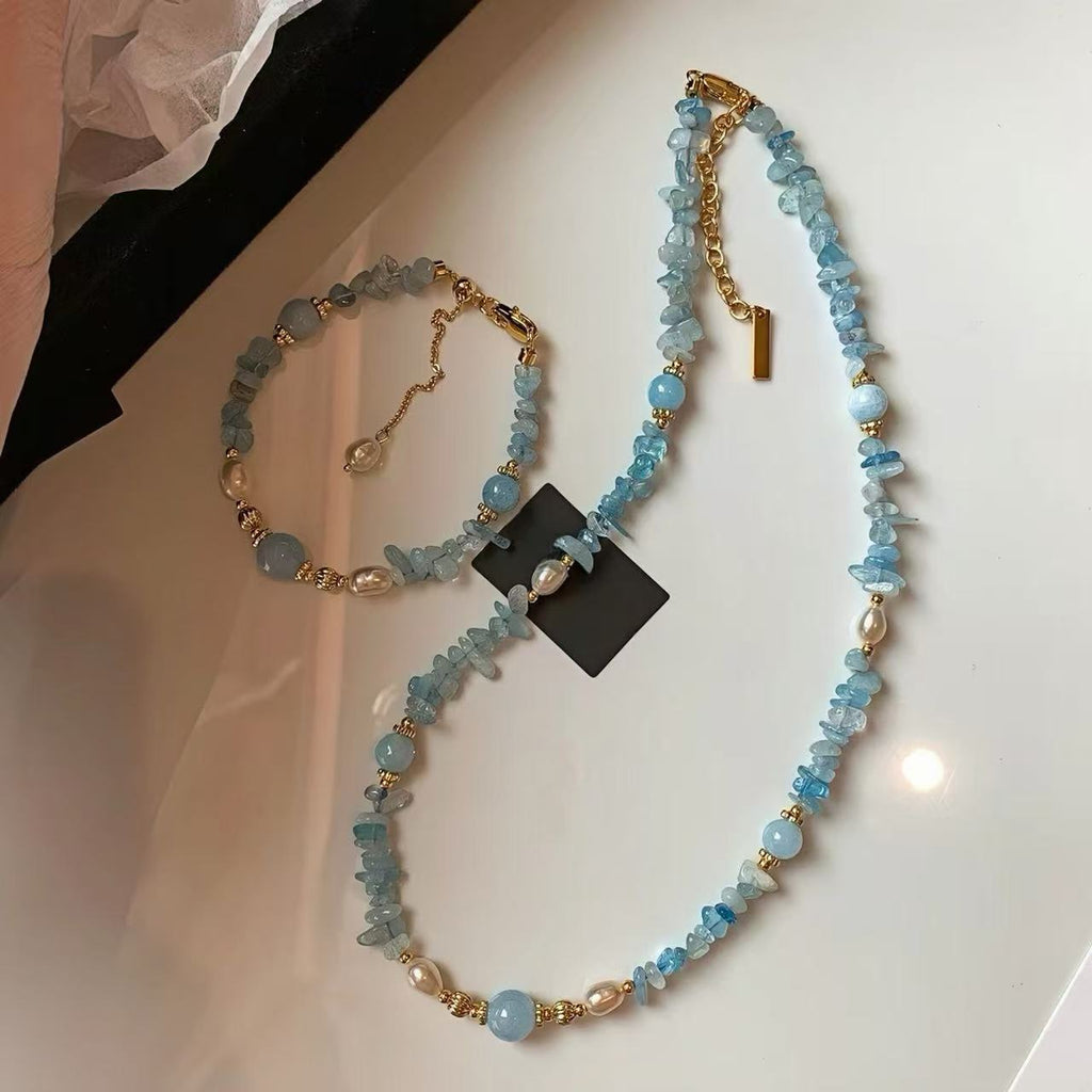 Aquamarin Süßwasserperlen Kristall Schmuck-Set 22K Vergoldet