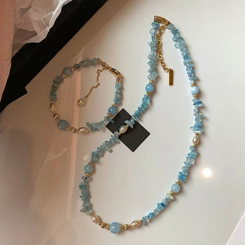 Aquamarin Süßwasserperlen Kristall Schmuck-Set 22K Vergoldet