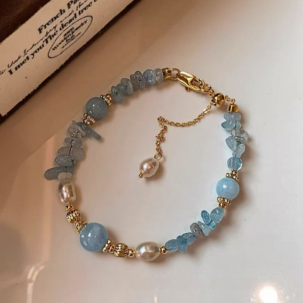 Aquamarin Süßwasserperlen Kristall Armband 22K Vergoldet
