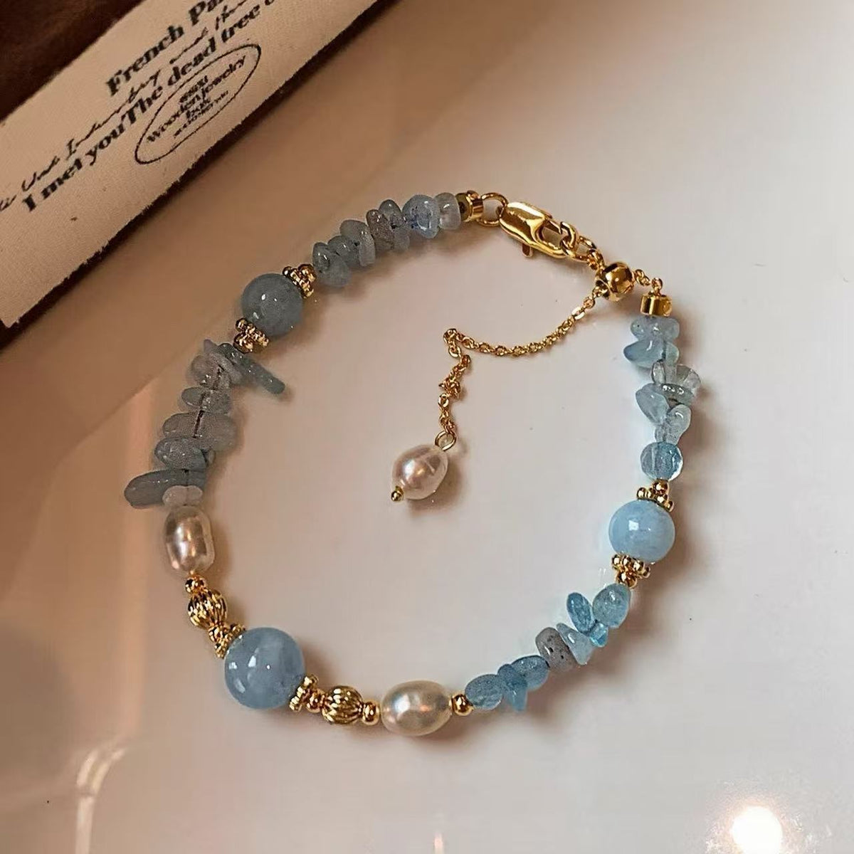 Aquamarin Süßwasserperlen Kristall Armband 22K Vergoldet