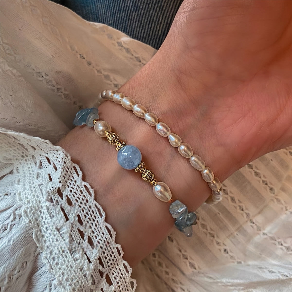Aquamarin Süßwasserperlen Kristall Armband 22K Vergoldet